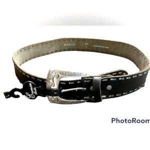 Enmon black & silver distressed leather belt. Fabulous detailing. Sz. L . NWT